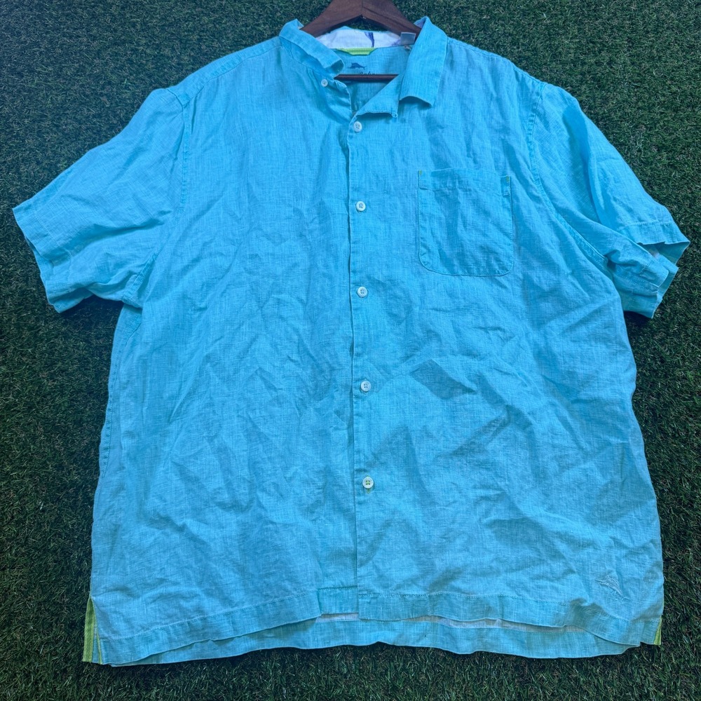 Tommy Bahama Mens XXL Blue 100% Linen Short Sleeve Button Down Camp Shirt